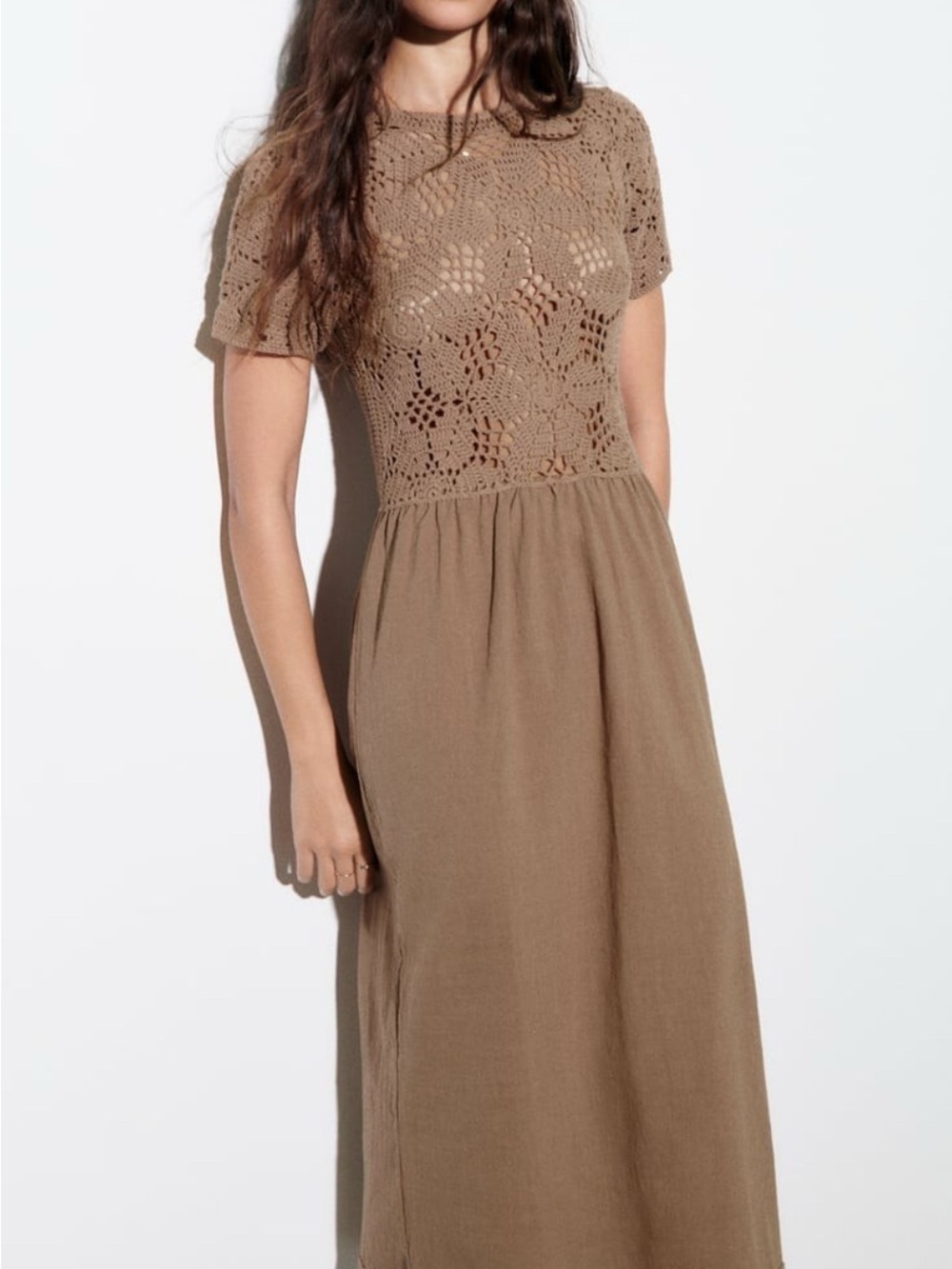 Zara Crochet Bodice Maxi Dress in Brown